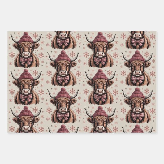 Christmas Coquette Highland Cow Western Bauer Geschenkpapier Set (Vorderseite)