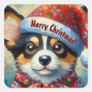 Christmas Corgi Dog Welpe mit Weihnachtsmannmütze Quadratischer Aufkleber