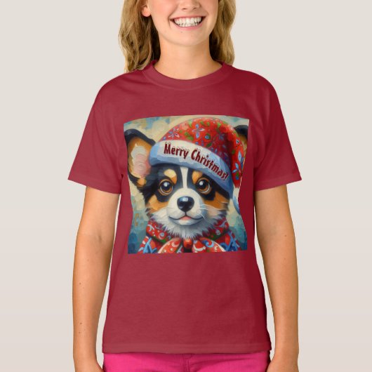 Christmas Corgi Dog Welpe mit Weihnachtsmannmütze T-Shirt (Vorderseite)