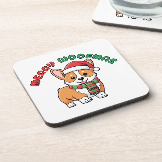 Christmas Corgi Untersetzer: Frohe Woofmas Getränkeuntersetzer (Linke Seite)