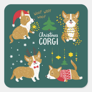 Christmas Corgi   Woof Woof Quadratischer Aufkleber
