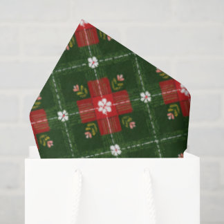 Christmas Cottagecore Plaid with Red Floral Cross  Seidenpapier