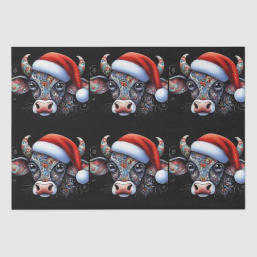 Christmas Cow Bull w/Santa Hat Folk Art Decoupage Seidenpapier (Vorderseite)