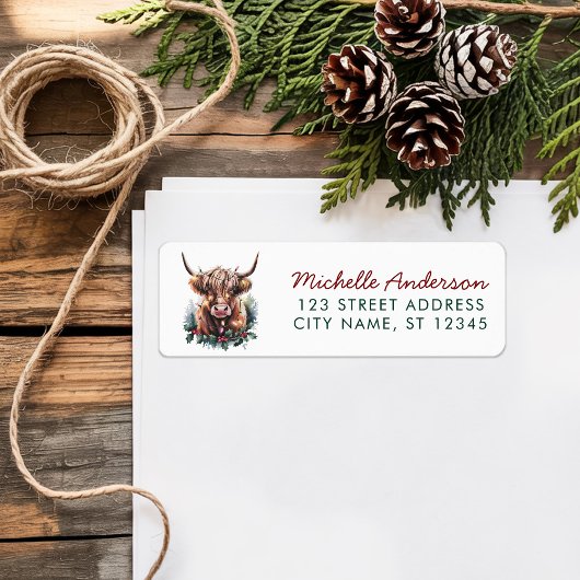 Christmas Cow Highland in Santa Hat Return Address