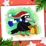 CHRISTMAS CROW Postkarte von Nicole Janes<br><div class="desc">Eine Weihnachtspostkarte mit einer Krähe mit einem Hut des Weihnachtsmanns und einem Geschenk.</div>