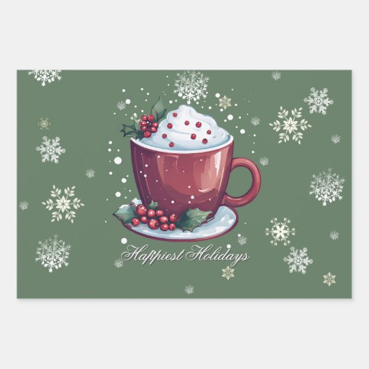 Christmas Cup of Hot Chocolate | Green Geschenkpapier Set (Vorderseite)