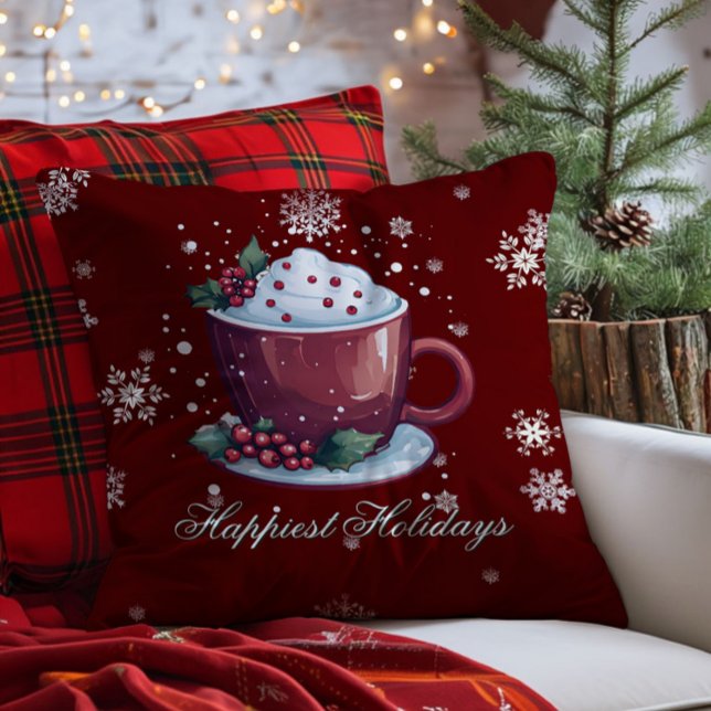 Christmas Cup of Hot Chocolate | Red Kissen (Red Christmas Cup of Hot Chocolate Throw Pillow)