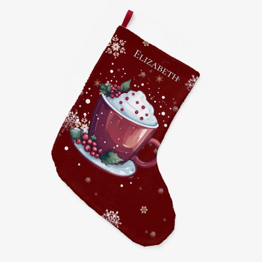 Christmas Cup of Hot Chocolate Red Personalized Großer Weihnachtsstrumpf (Vorderansicht (hängend))