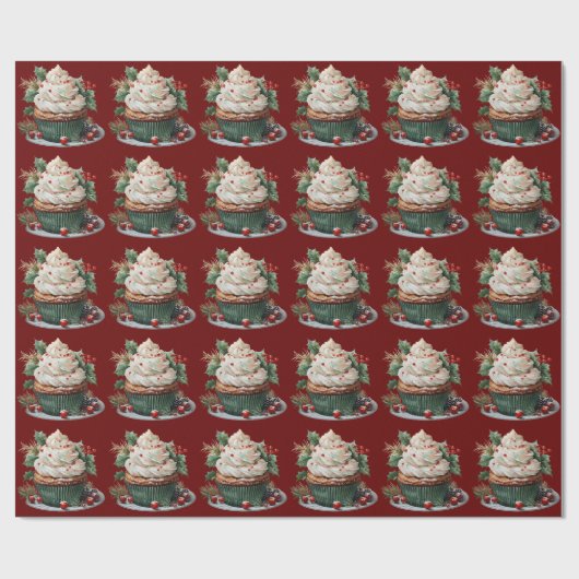 Christmas Cupcake White Zuckerguss Holly Red Berri Geschenkpapier (Flach)