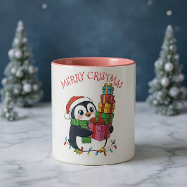 Christmas Cute Penguin Carrying Gifts Zweifarbige Tasse