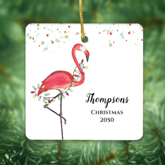Christmas Cute Pink Flamingo Holiday Lights Keramikornament