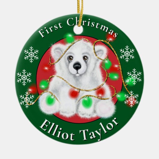 Christmas cute polar bear cub red green lights  keramik ornament (Vorne)