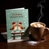 Christmas Cute Romantic Love Birds in Falling Snow Karte