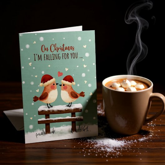 Christmas Cute Romantic Love Birds in Falling Snow Karte