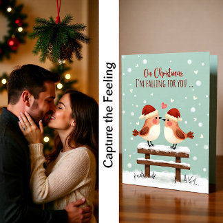 Christmas Cute Romantic Love Birds in Falling Snow Karte