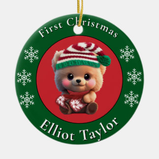 Christmas cute teddy bear cub red green lights  keramik ornament