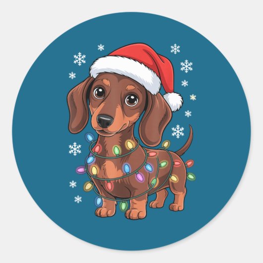 Christmas Dachshund Lights Santa Hat Holiday Dog L Runder Aufkleber (Vorderseite)