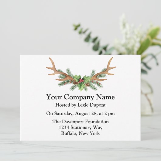 Christmas Deer Antler Company Party Einladung (Stehend Vorderseite)