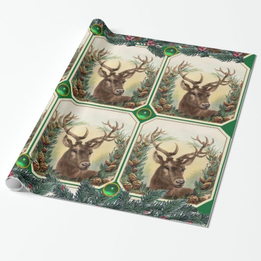 CHRISTMAS DEER,PINE CONE CROWNS,GREEN GEMSTONES GESCHENKPAPIER (Ungerollt)
