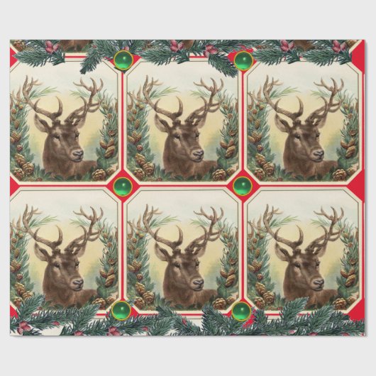 CHRISTMAS DEER,PINE CONES CROWN,GREEN GEMRed Geschenkpapier (Flach)