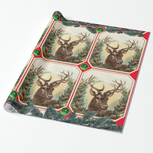 CHRISTMAS DEER,PINE CONES CROWN,GREEN GEMRed Geschenkpapier (Ungerollt)