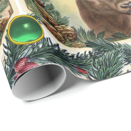 CHRISTMAS DEER,PINE CONES CROWN,GREEN GEMSTONES GESCHENKPAPIER (Rolleneckpunkt)