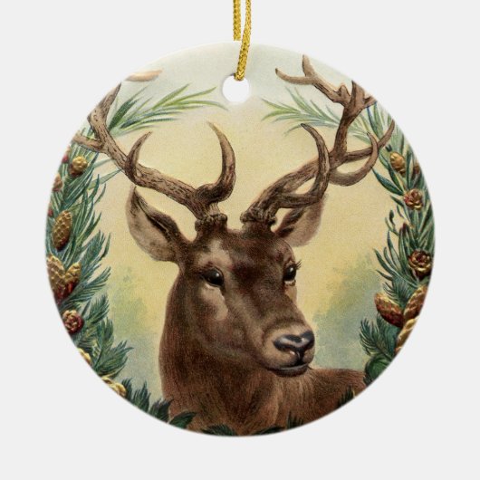 CHRISTMAS DEER, PINE CONES CROWN, RED GREEN GEMS KERAMIK ORNAMENT (Vorne)