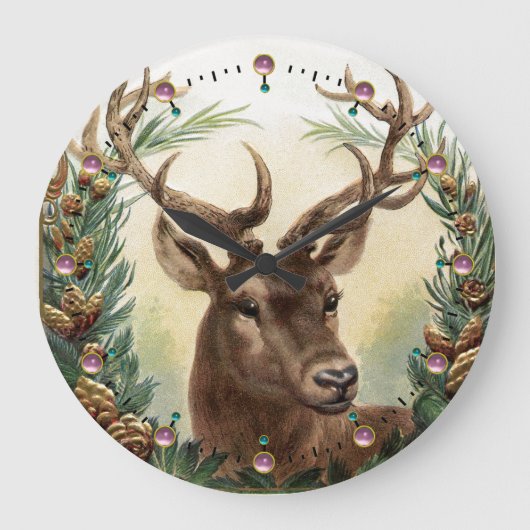 CHRISTMAS DEER,PINE CONES CROWN UND PINK GEMSTONES GROßE WANDUHR (Vorderseite)