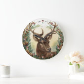 CHRISTMAS DEER,PINE CONES CROWN UND PINK GEMSTONES GROßE WANDUHR (Zuhause)
