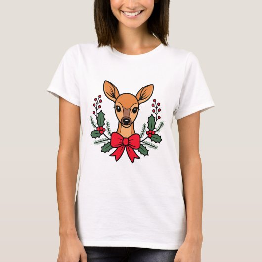 Christmas Deer with Red Bow Holly Wreath Holiday T-Shirt (Vorderseite)