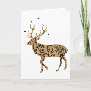 Christmas deer with winter tree pattern and birds feiertagskarte