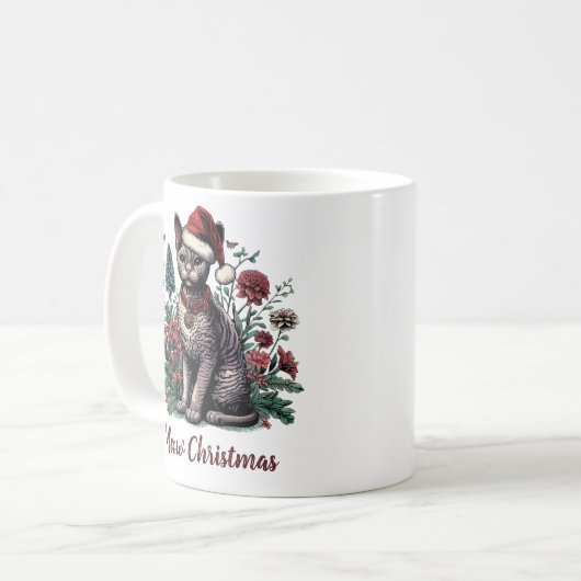 Christmas Devon Rex Cat: Weihnachtsmannmütze und B Kaffeetasse (Vorderseite Links)
