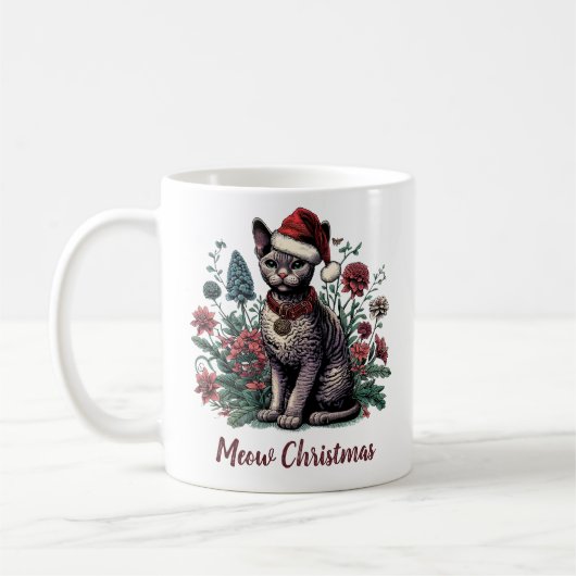 Christmas Devon Rex Cat: Weihnachtsmannmütze und B Kaffeetasse (Links)