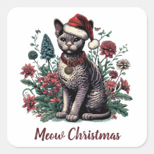 Christmas Devon Rex Cat: Weihnachtsmannmütze und B Quadratischer Aufkleber