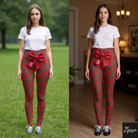 Christmas Diagonal Stripes Red Green Bow Leggings