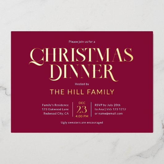 Christmas Dinner Elegant Red Folieneinladung (Vorderseite)