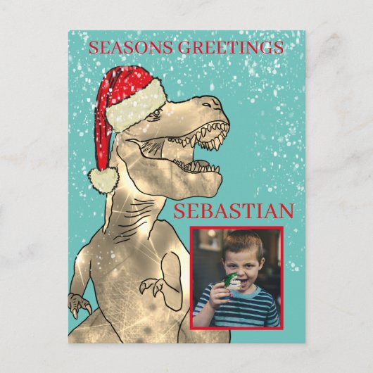 Christmas Dinosaur Custom Foto Feiertagspostkarte (Vorderseite)