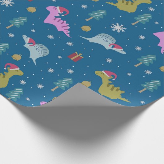 Christmas Dinosaurier Blue Geschenkpapier (Ecke)