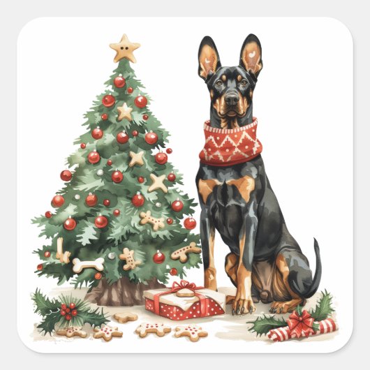 Christmas Dobermann Hunde Quadratischer Aufkleber (Vorderseite)