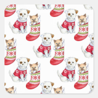 Christmas Dog & Cat Quadratischer Aufkleber