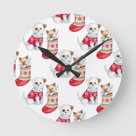 Christmas Dog & Cat Runde Wanduhr (Vorderseite)