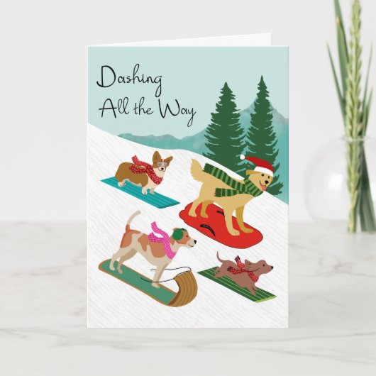 Christmas Dogs Sledding Dashing All the Way Karte (Vorderseite)