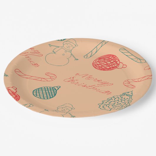 Christmas Doodle Pattern | Snowmen, Trees & Candy  Pappteller (Schrägansicht)