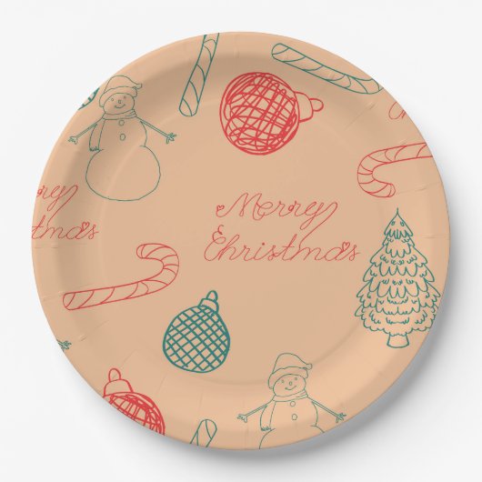 Christmas Doodle Pattern | Snowmen, Trees & Candy  Pappteller (Vorderseite)