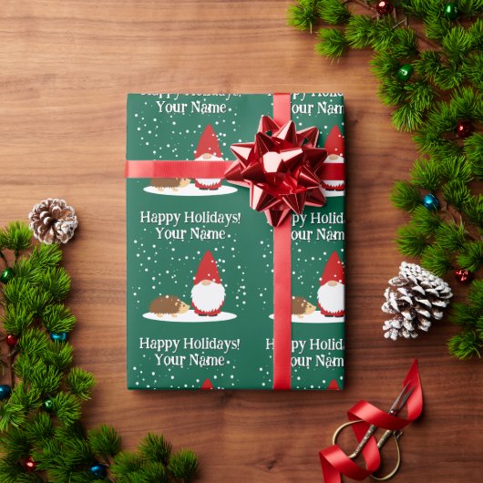 Christmas dwarf with hedgehog cartoon Christmas Geschenkpapier (Feiertagsgeschenk)