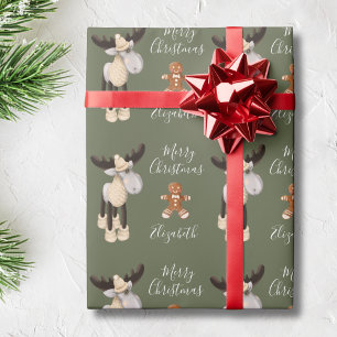 Christmas Elche Sage Grün Personalisiert Geschenkpapier