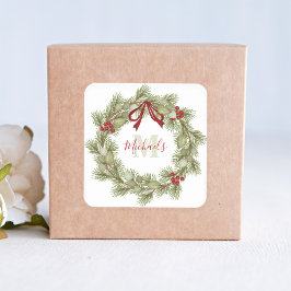 Christmas Elegant Wreath Red Holly Monogram Quadratischer Aufkleber
