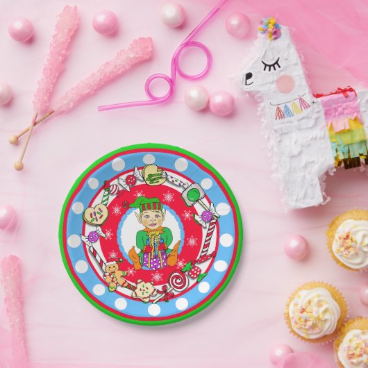 Christmas Elf Boy Whimsical Candy Polka Dot Pappteller (Party)