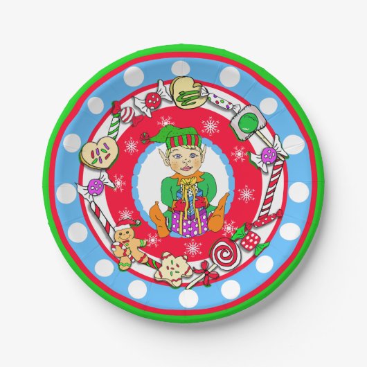 Christmas Elf Boy Whimsical Candy Polka Dot Pappteller (Vorderseite)