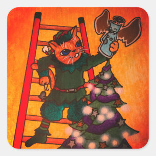 Christmas Elf Cat Quadratischer Aufkleber